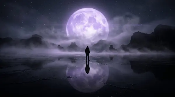 Surreal landscape under a violet moon